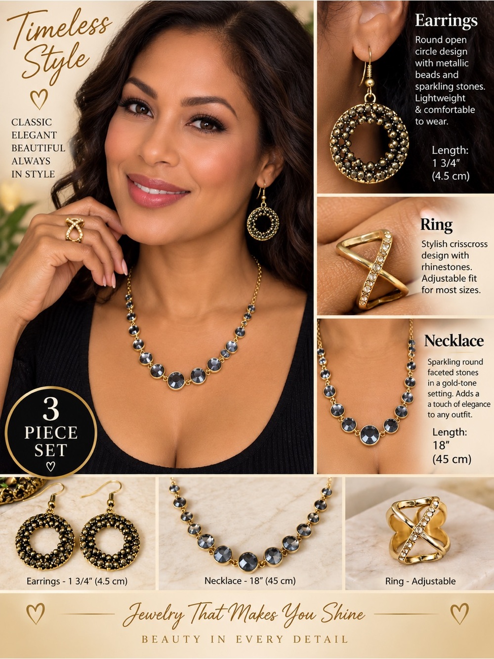 Gold-Tone 3-Piece Jewelry Set with Black Faceted Stones -